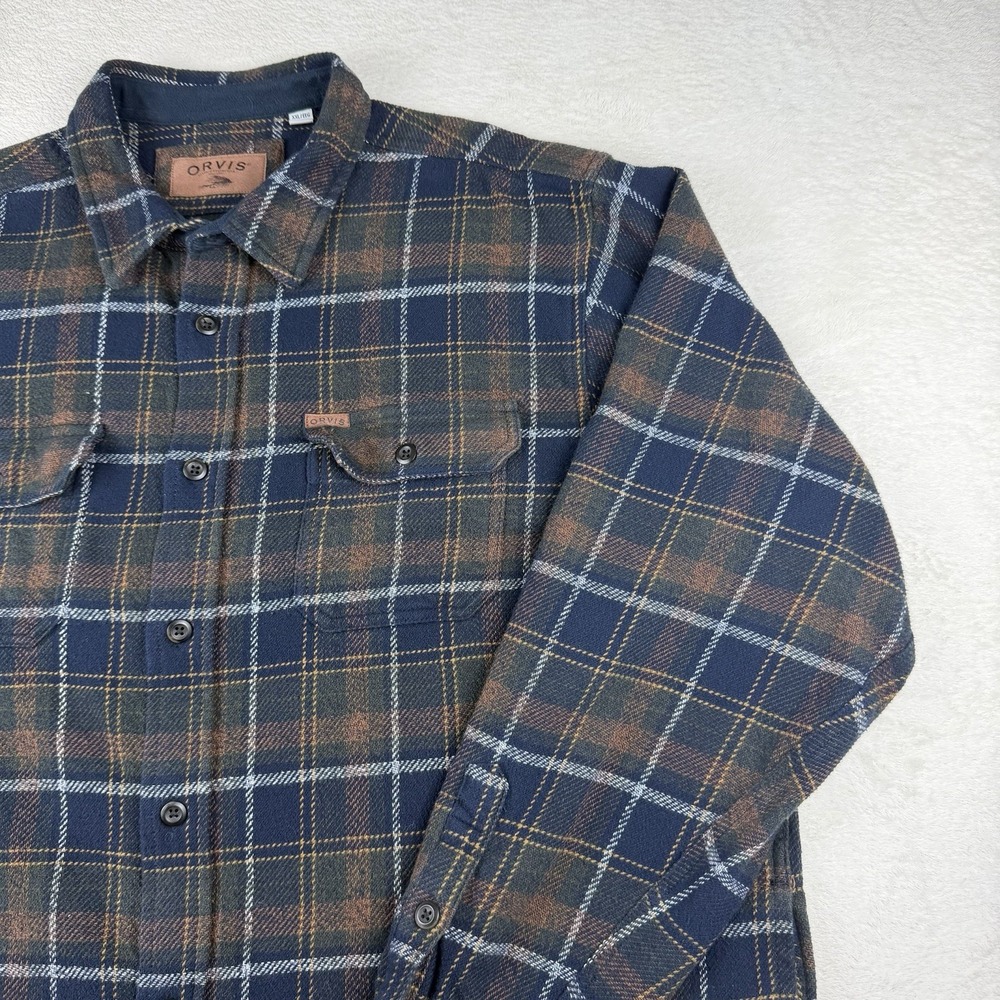 Orvis Flannel Shacket Shirt Mens XXL Blue/Brown Plaid‎ Heavyweight Button Up - Picture 5 of 15